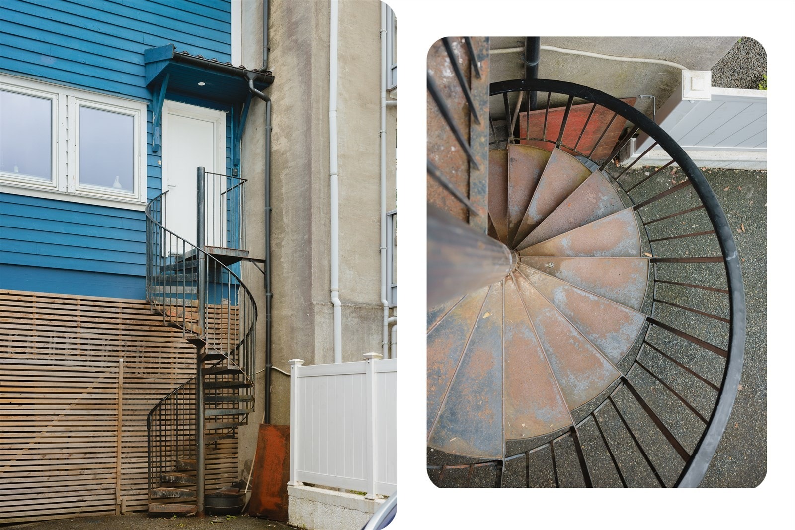 Boligen nås via en sjarmerende spiraltrapp som gir et spennende førsteinntrykk og en flott adkomst til leiligheten Galleribilde