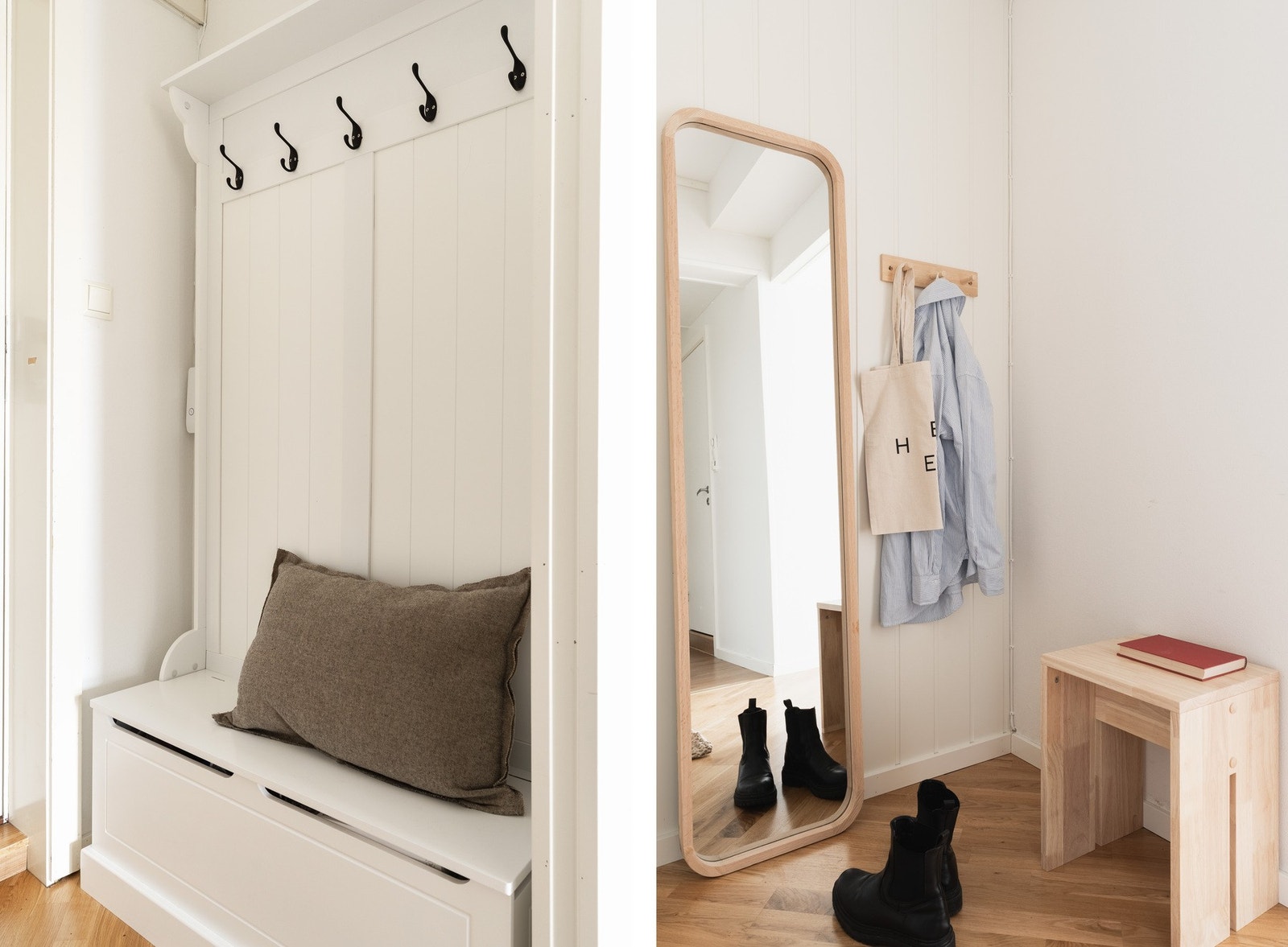 Her er det godt med plass til oppbevaring av sko, yttertøy og annet i tilpassede løsninger, et praktisk og innbydende førsteinntrykk. Galleribilde