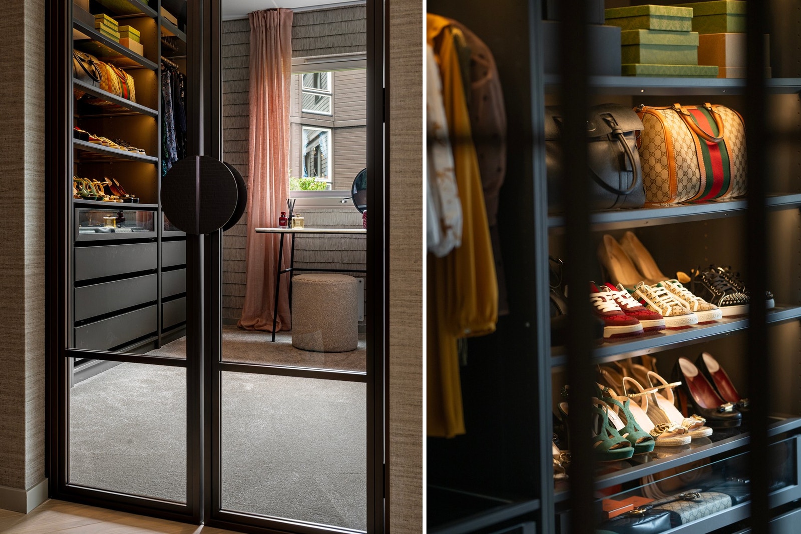 Skreddersydd glassdør med bronseramme - et arkitektonisk blikkfang mellom stue og kontor/omkledningsrom. Galleribilde