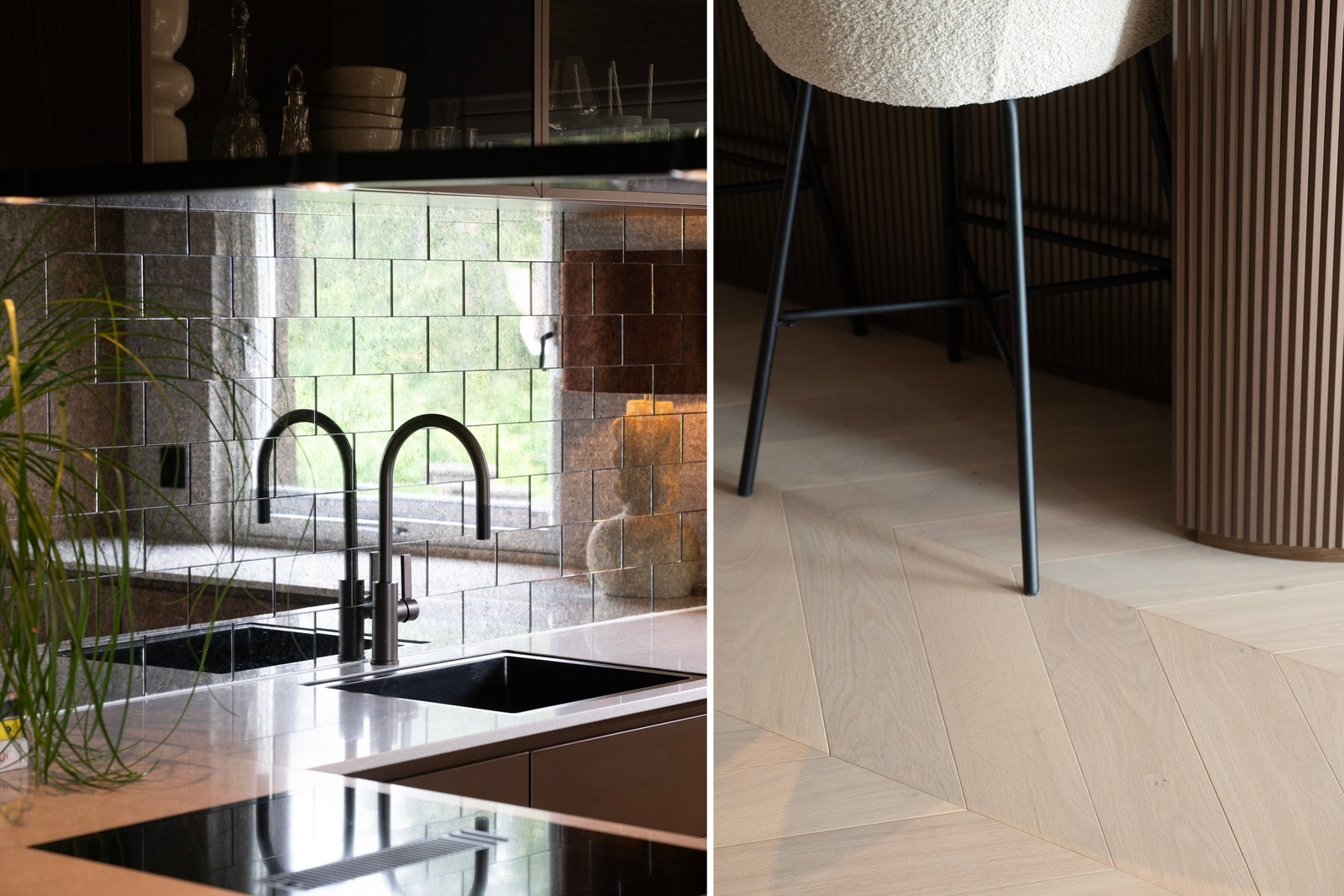 Eksklusiv parkett i lys eik med varmefolie - stort chevron-mønster gir et elegant og helhetlig uttrykk. Galleribilde