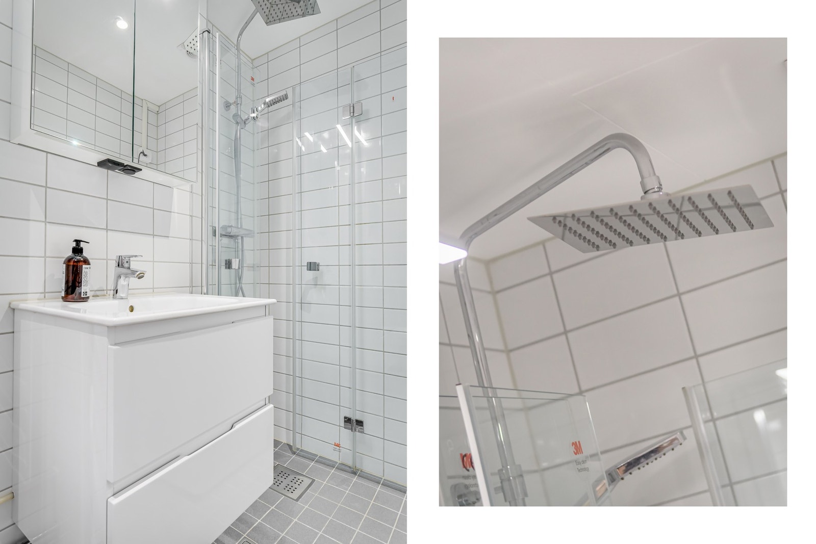 Badet har dusjhjørne med innfellbare glassdører, vegghengt toalett, samt servant med underskap og speilskap. Galleribilde