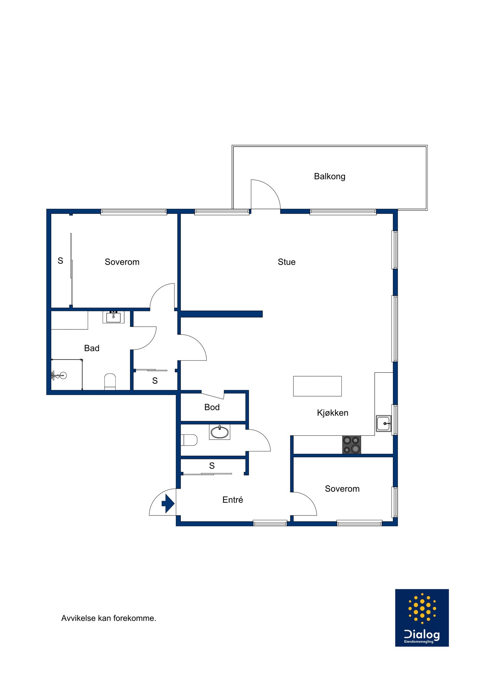 Leiligheten har en svært god planløsning. Veggen i stuen kan settes opp igjen dersom det ønskes tre soverom. Galleribilde