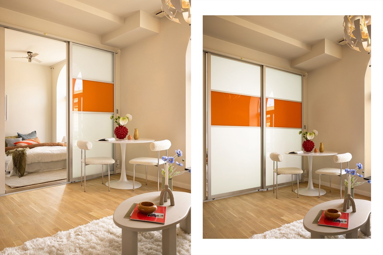 Tv-stue/soverom som kan skjermes av med skyvedører, eventuelt åpnes opp for større stue/kjøkkenløsning med to vinduer. Galleribilde