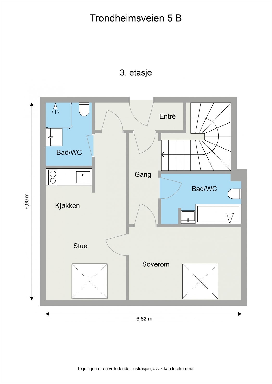 I 3. etasje er det et lyst og trivelig soverom og bad. Her finner vi også en svært praktisk utleiedel som kan leies ut skattefritt. Galleribilde