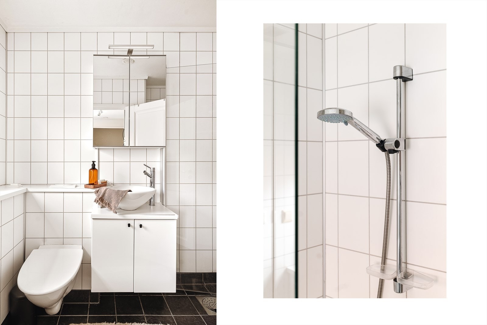 Gulvet på badet er flislagt og har varmekabler. Veggene har baderomsplater. Galleribilde