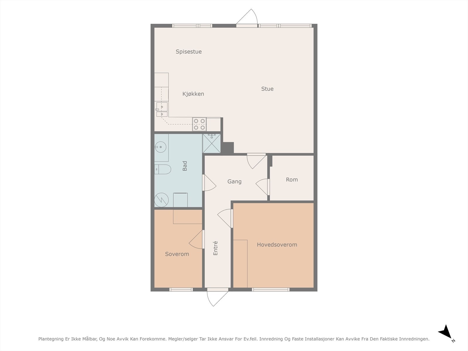 Boligen inneholder: Entre/gang, 2 soverom, bad/vaskerom, stue/kjøkken i åpen løsning og bod Galleribilde