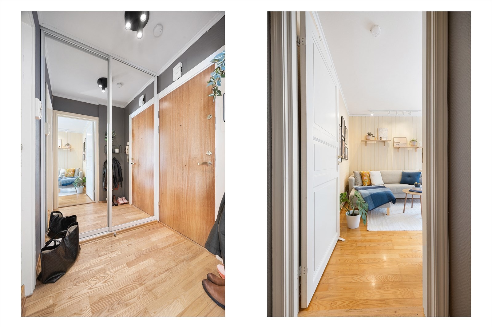 Romslig entre med skyvedørsgarderobe med gode oppbevaringsmuligheter Galleribilde