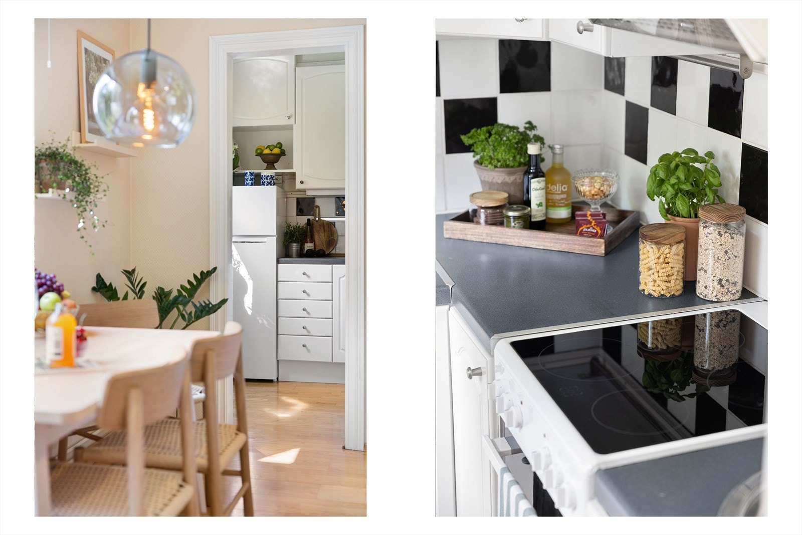 Kjøkken med hvite profilerte fronter og laminat benkeplate Galleribilde