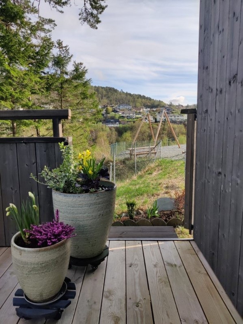 Terrassen og videre mot hagen på en fin vårdag. Galleribilde