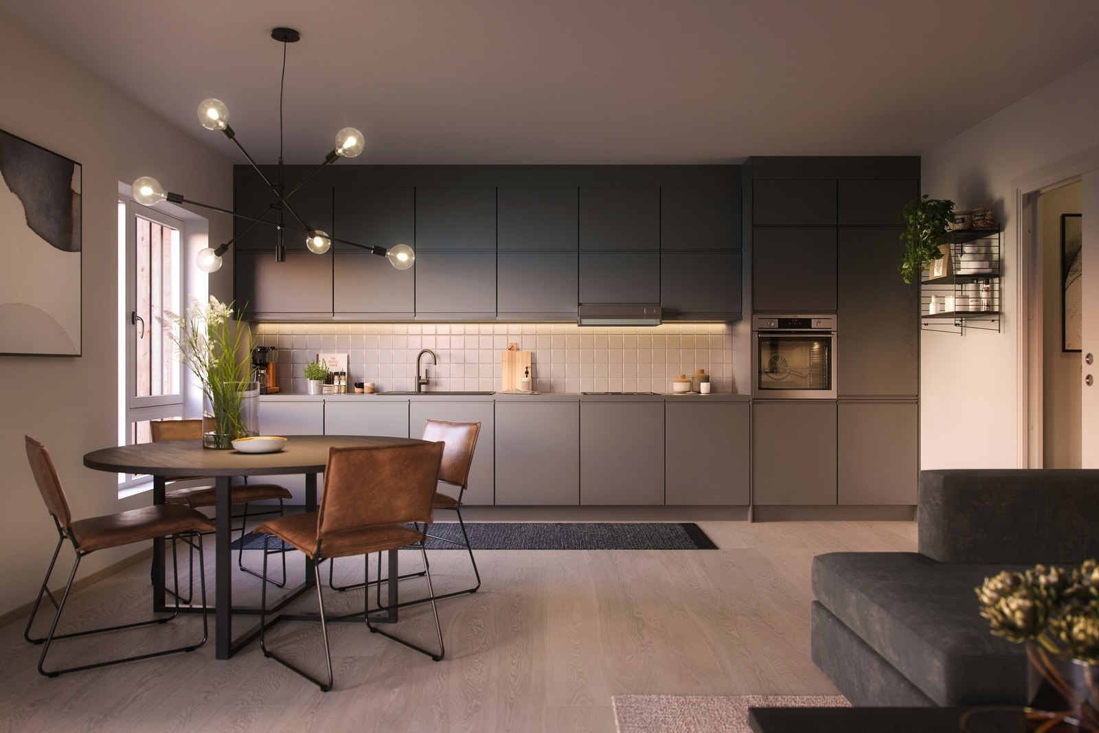 Illustrasjon fra trinn 3 C303 -kjøkkenmiljø. Det er valg en grønnfarge samt en anvendelig kjøkkenøy. Avvik vil kunne forekomme. Galleribilde