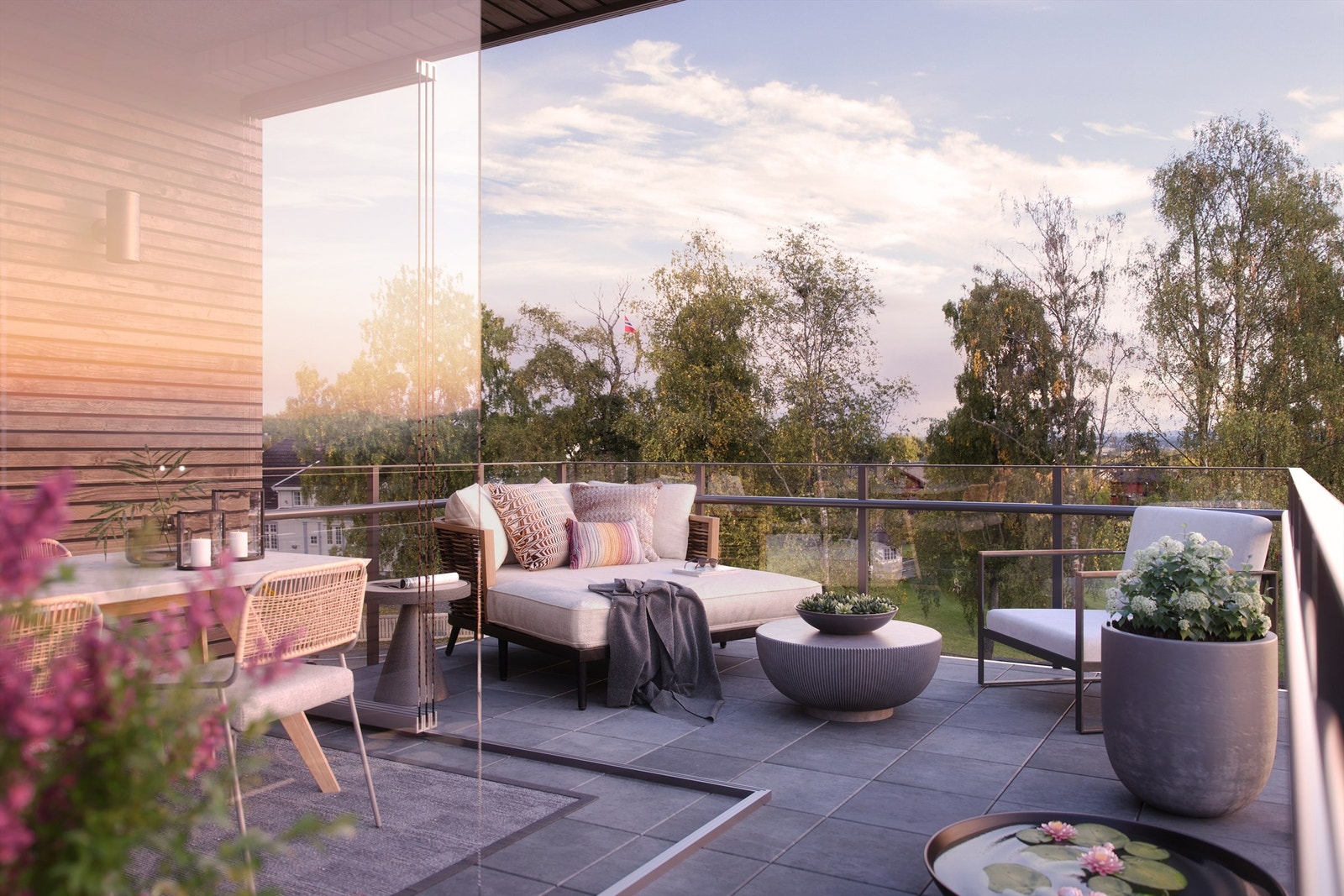 Illustrasjon fra trinn 3 - balkongmiljø hvor man ser den innglasset delen som kan skyves til side og åpnes ytterst. Avvik vil forekomme Galleribilde