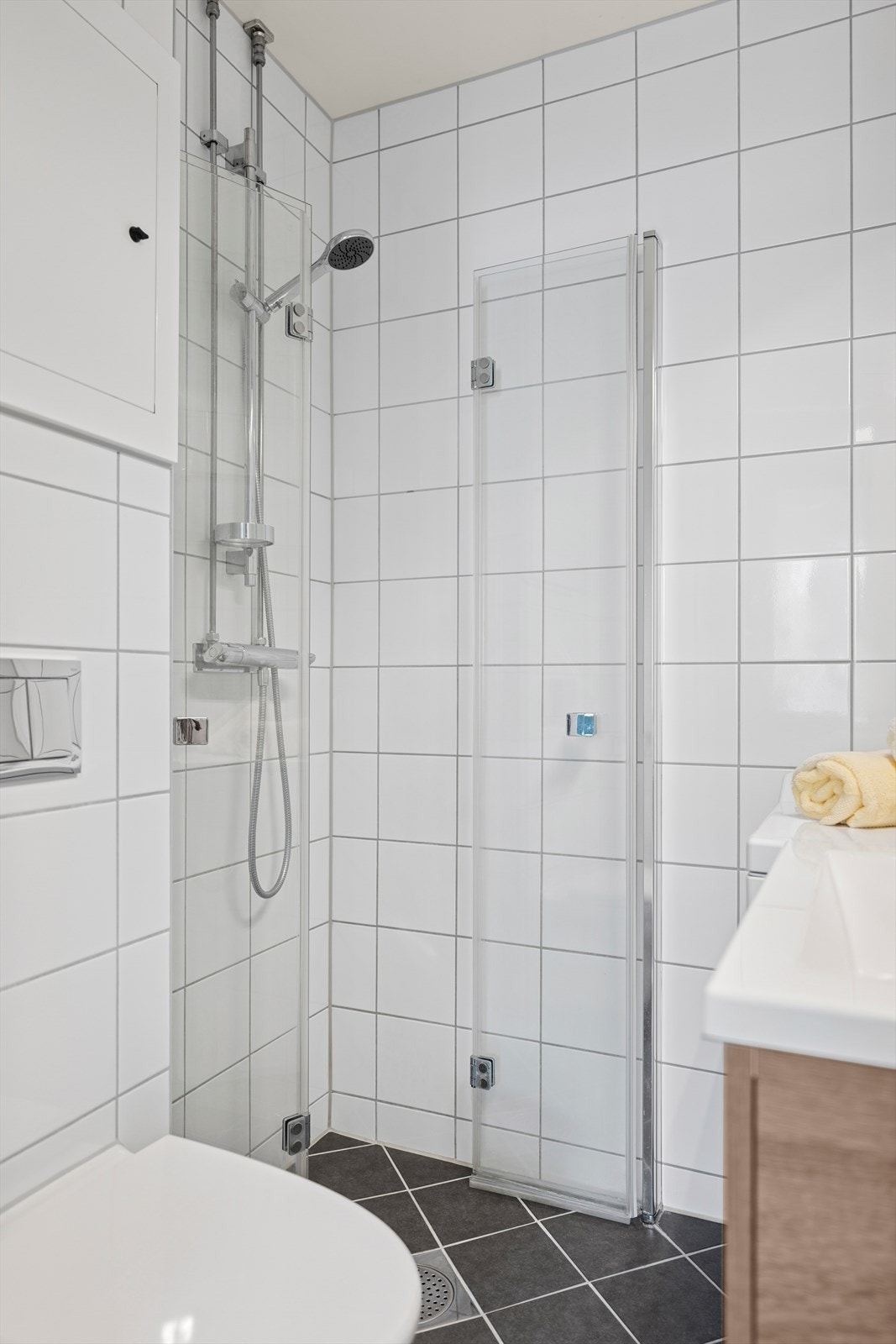 Badet er utstyrt med dusj med innfellbare dusjvegger for optimal plassutnyttelse Galleribilde