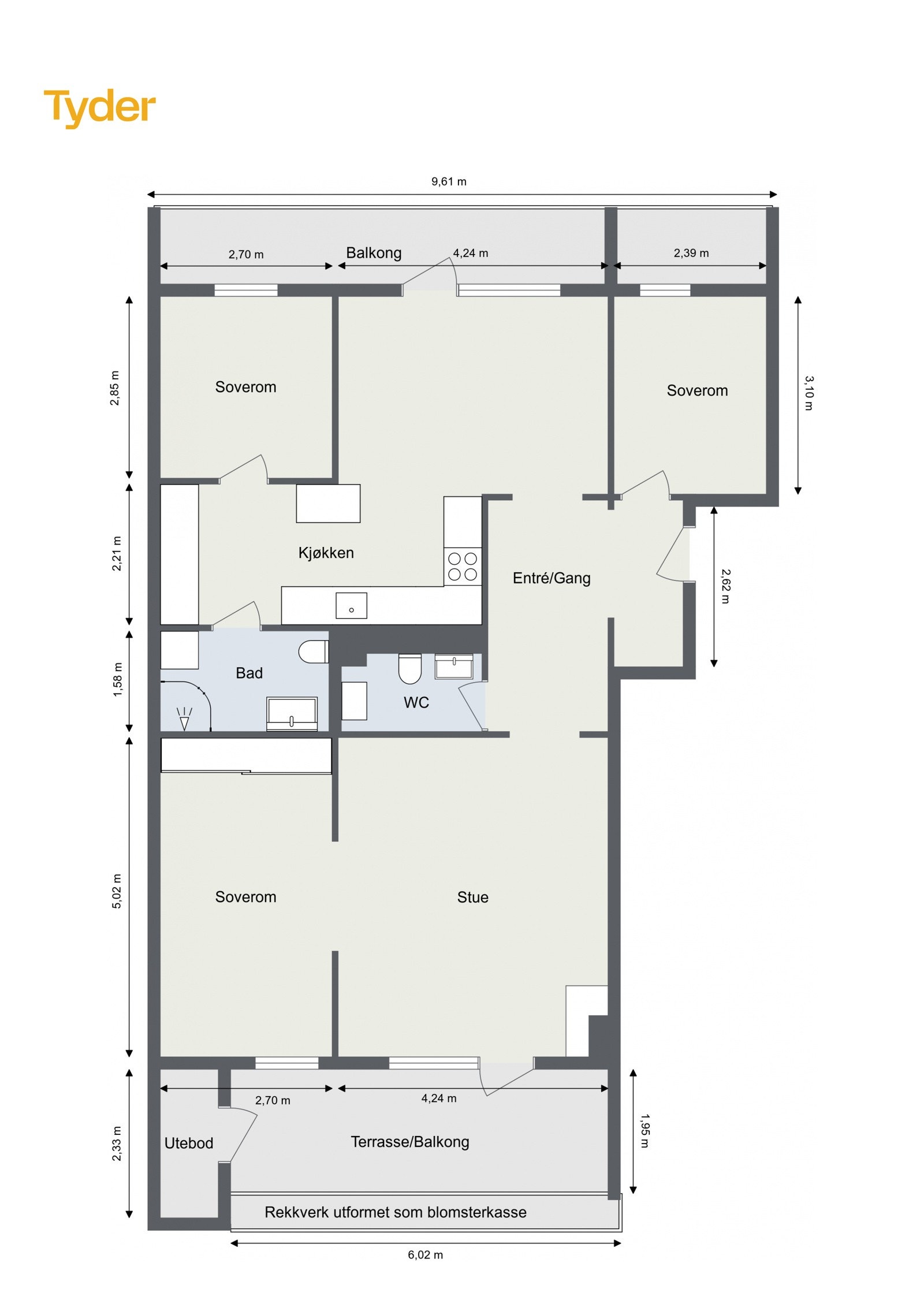 Planløsning 4. etasje: Entré, stue, kjøkken, bad, wc og 3 soverom. Galleribilde