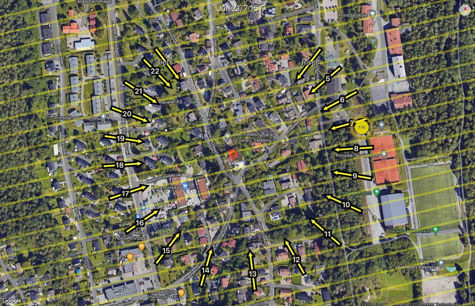 Soldiagram pr. 21. juni, gir en god indikasjon på eiendommens flotte solforhold. Galleribilde