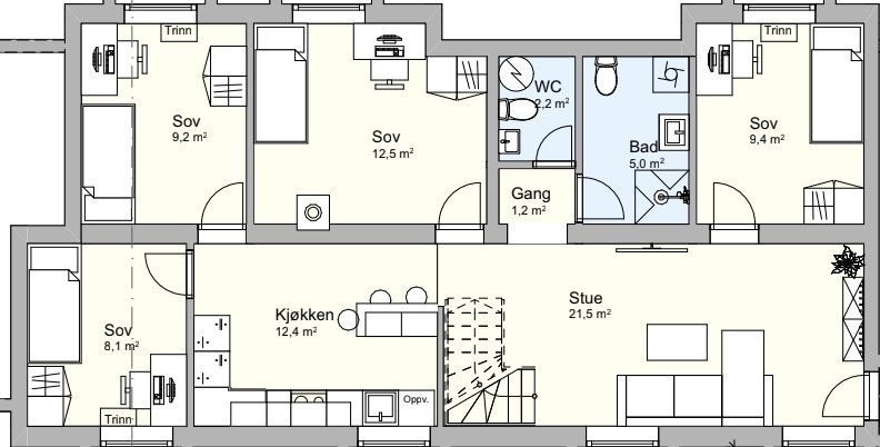 Det er soverrommet på 8,1 og 12,5 m2 som er ledig. Galleribilde