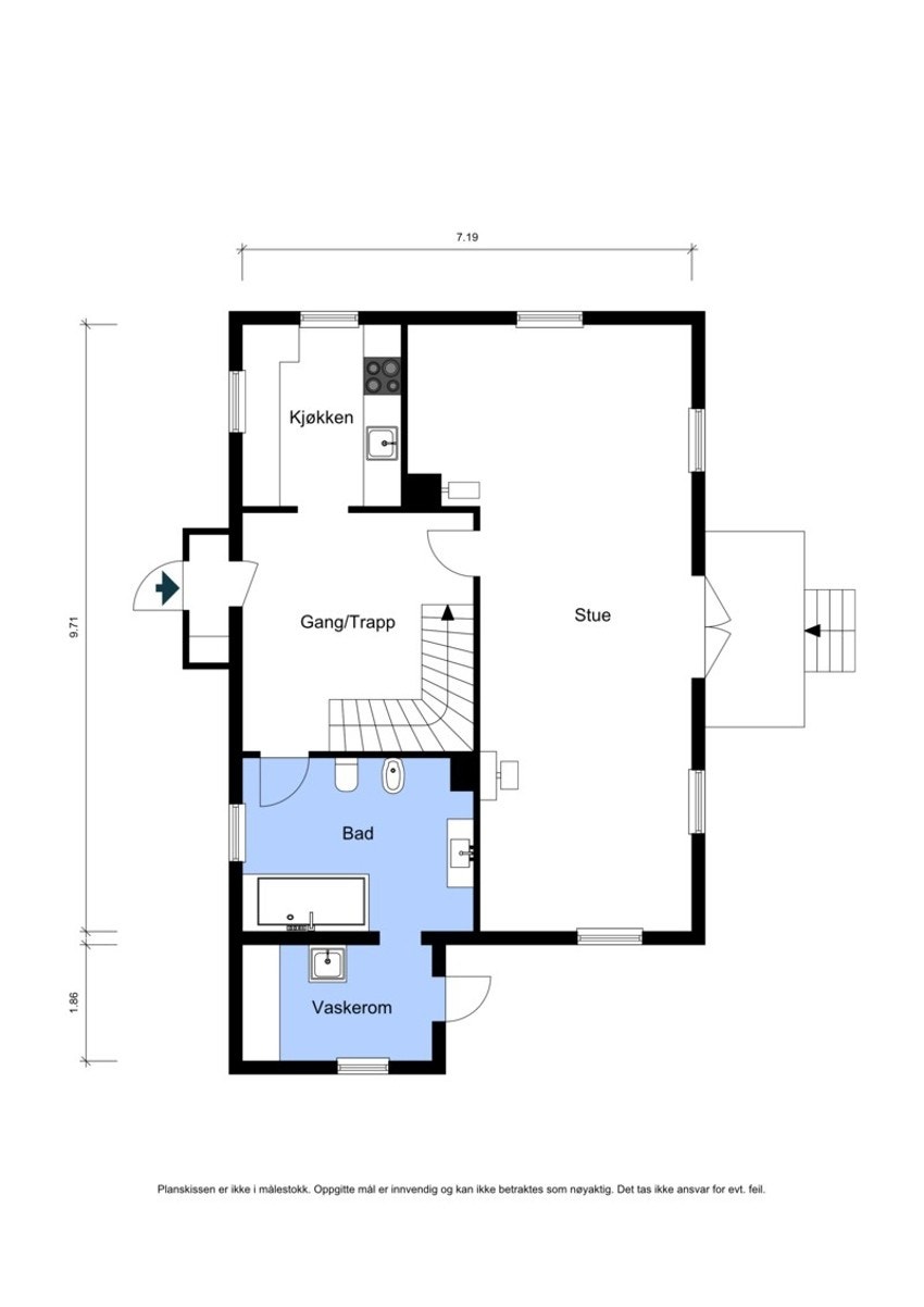 1. etasje med entre/hall, kjøkken, bad, vaskerom, spisestue og stue Galleribilde