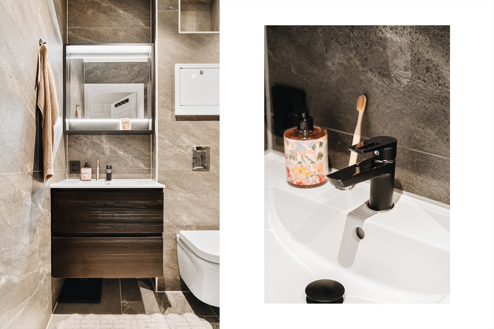 Badet er innredet med servant med møblement/speil med belysning, vegghengt toalett, dusj med garnityr/regndusj med glassdør, fordelerskap (rør i rør) og opplegg for vaskemaskin. Galleribilde