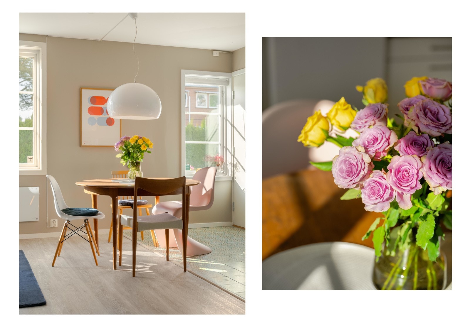 Det er fin plass til spisebord mellom kjøkkenet og stua, også et større bord for de som vil ha det. Galleribilde