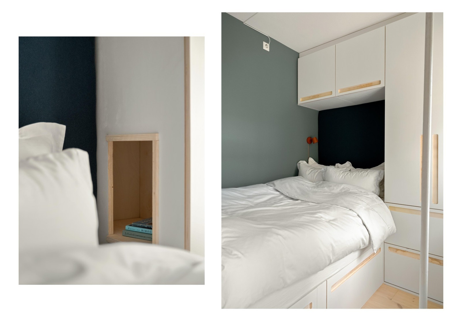 Sengen er 120 cm bred, og med integrert nattbord i garderoben. Den myke sengegavlen er trukket med møbelstoff i ull. Galleribilde