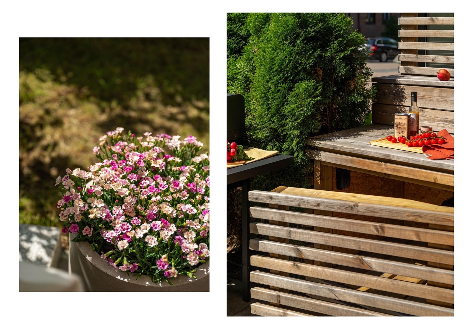 Lurer du på hvor du skal oppbevare sofaputene til utesalongen, skjuler det seg praktisk oppbevaring i utekjøkkenet. Her er det lagt takmembran under kjøkkenbenken som holder putene tørre, og lar deg bruke kjøkkenbenken fritt. Galleribilde