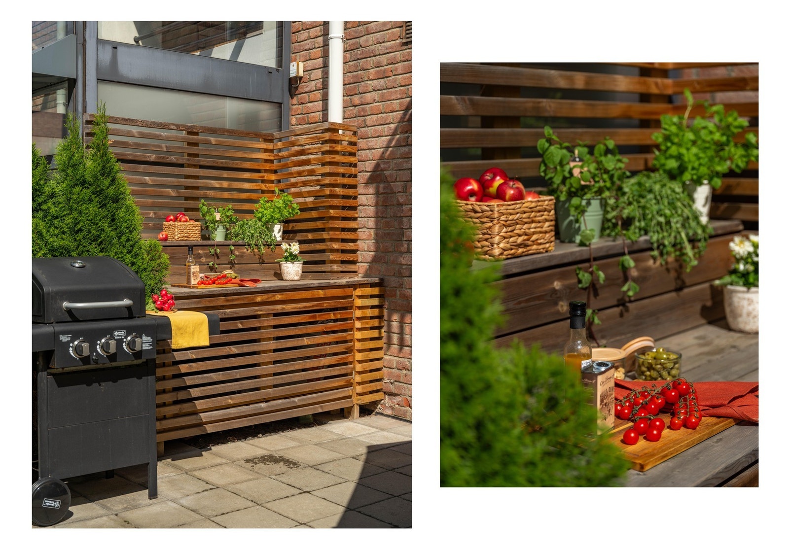 Både ute og inne er det plassbygde løsninger for optimal utnyttelse av areal. Her ser dere kombinert utekjøkken og putekasse. Galleribilde