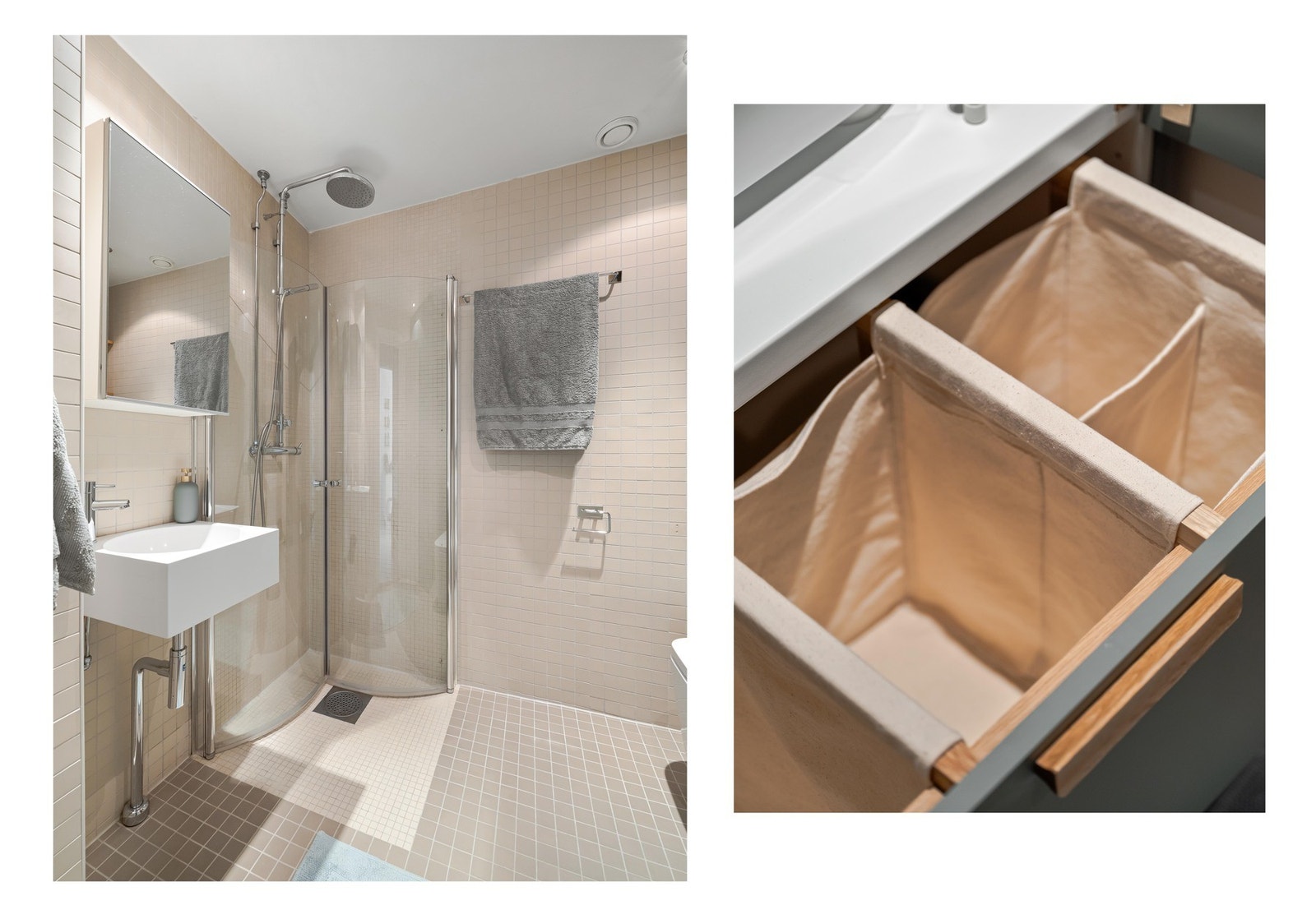 Det er varmekabler i gulv og dimbare downlights i tak. Håndtak og skittentøyskurv i heltre eik, med avtagbart trekk som kan vaskes i vaskemaskin. Galleribilde