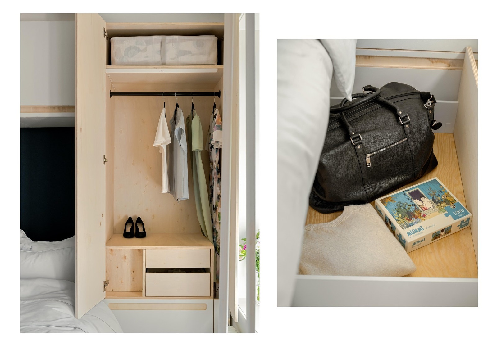 Det er oppbevaring fra gulv til tak, i tillegg til skuffer under sengen. Og vi blir ikke overrasket over at det er installert lys i garderoben og i nattbordet. Galleribilde