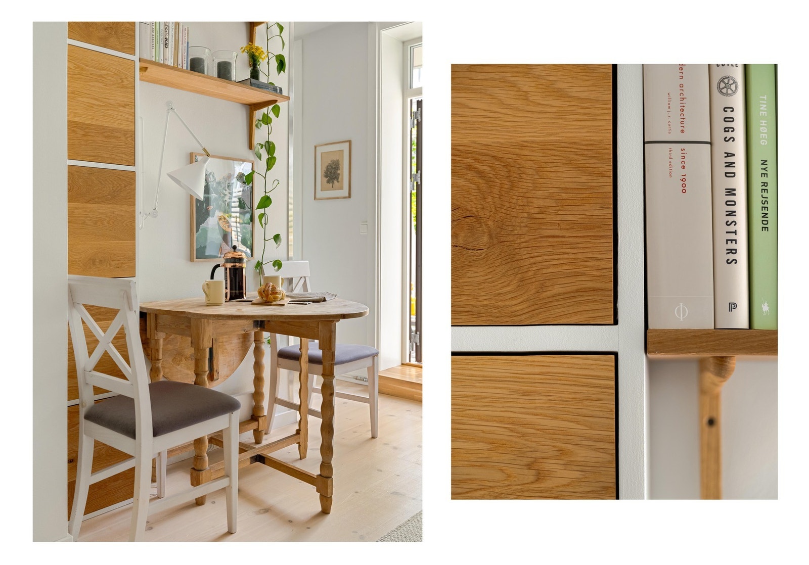 La oss se nærmere på de plassbygde løsningene. I stua er det skuffefronter og hyller i heltre eik. Galleribilde