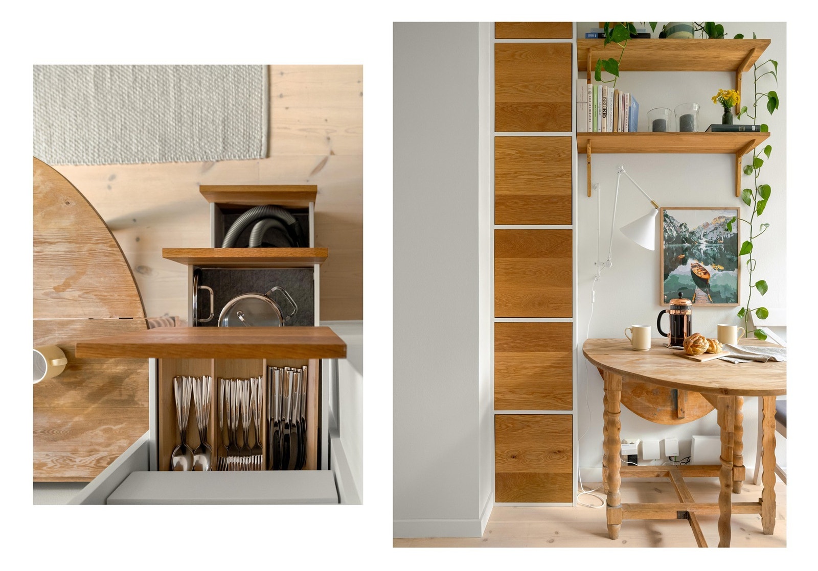 Her finner du utrolig god lagring i hverdagen - og det er tenkt på alt fra kjøkkenutstyr til støvsuger. Skuffene er ekstra dype, med softclose lukking. Galleribilde