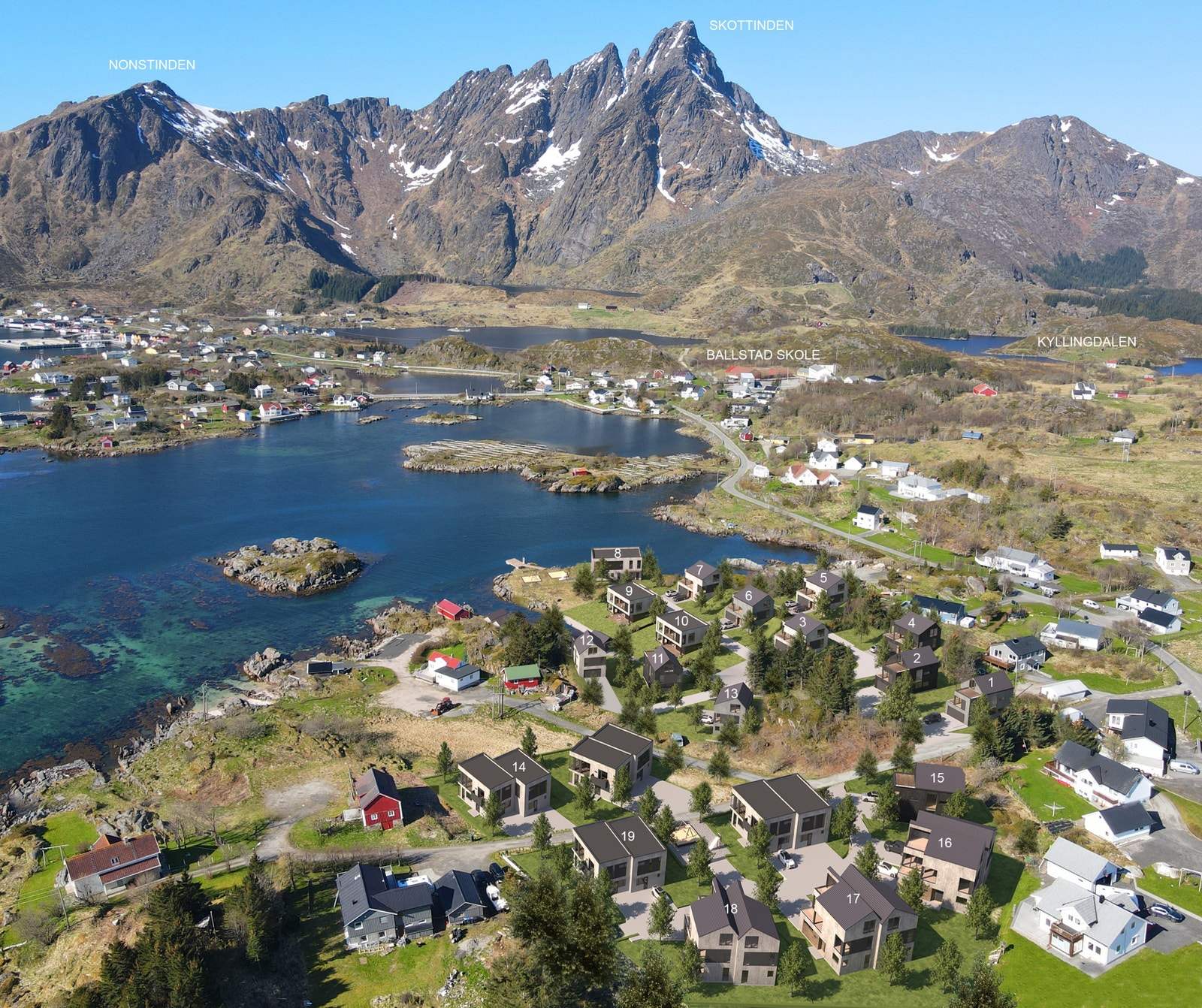 Flott utsikt mot Skottinden og Nonstinden, samt nærhet til Ballstad skole og et populære turområdet Kyllingdalen Galleribilde