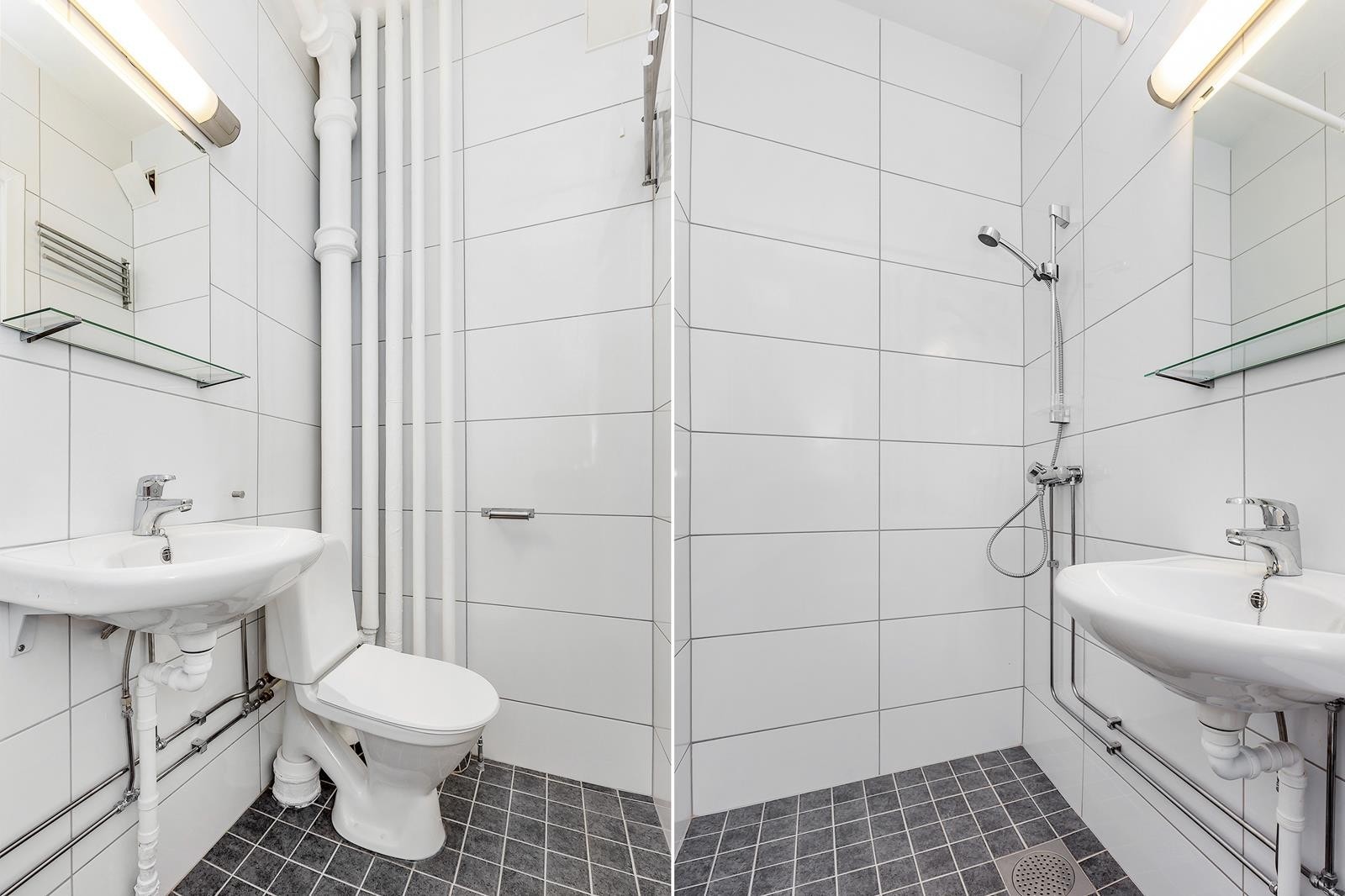 Flislagt bad med wc, servant og dusj. Galleribilde