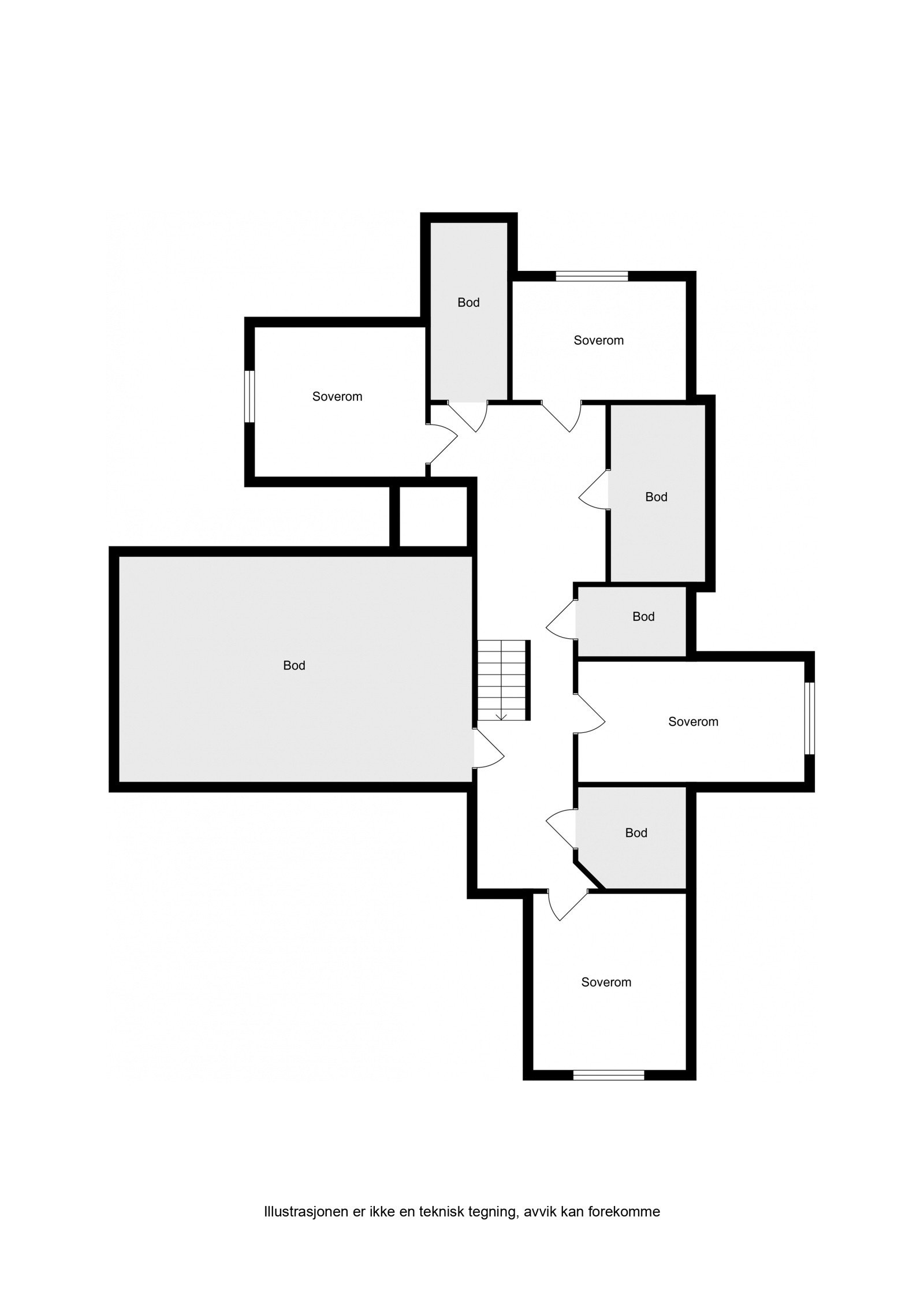 Plantegning loftetasje. (Soverommene i denne etasjen fremkommer ikke av godkjente tegninger). Galleribilde