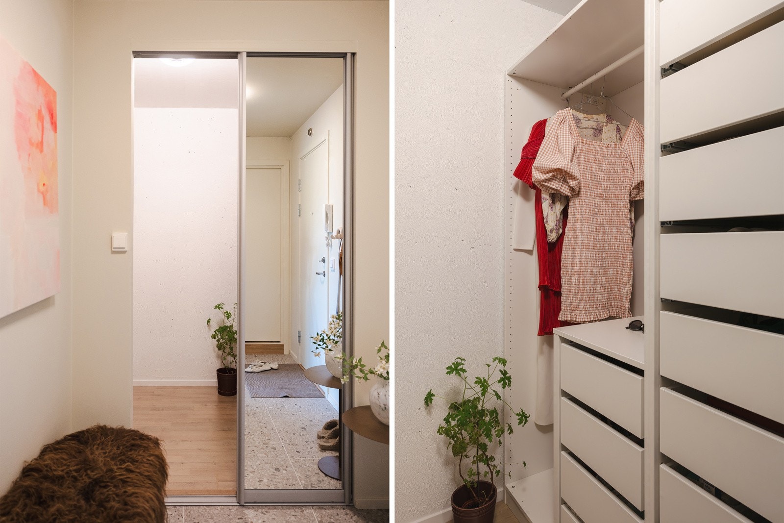 Fra entréen har du tilgang til en bod som er omgjort til et praktisk walk-in-closet - innredet med smarte og plassbesparende garderobeløsninger fra PAX. Galleribilde