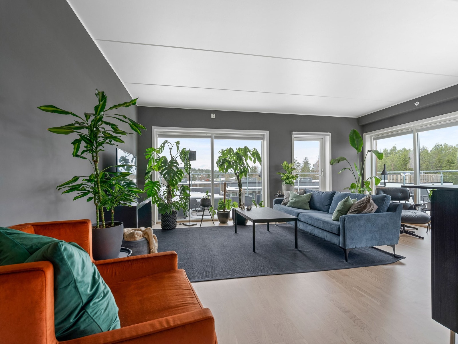 Vinduer fra gulv til tak gjør at stuen er lys og trivelig Galleribilde