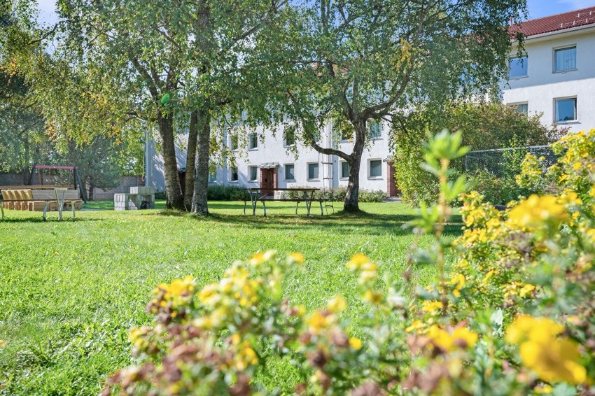 Frodige felles hageanlegg mellom blokkene. Borettslaget består av 4 blokker og 100 leiligheter. Det er svært god plass mellom blokkene og store grøntanlegg. Galleribilde