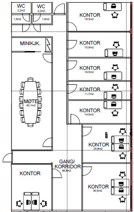 2. etasje: 8 kontorer i varierende størrelse, fra 37-12 kvm. Samt. stort møterom (40 kvm) med hybelkjøkken.
Plantegning er skisse og kan ha små variasjoner fra realiteten. Galleribilde