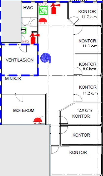 1. etasje: 7 kontorer i varierende størrelse, fra 9- ca. 20 kvm. Møterom og kjøkken.
Plantegning er skisse og kan ha små variasjoner fra realiteten. Galleribilde
