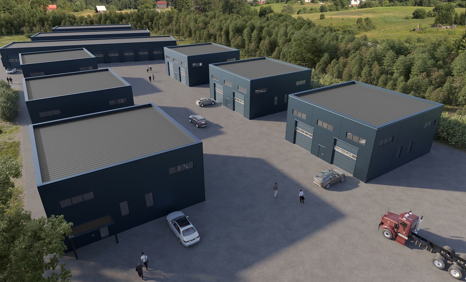 Innredet med to etasjer for god bruksvenlighet og volumutnyttelse. Kjøreporter og arbeidsrom i 1. etg, samt kontorer og andre fasiliteter i 2. etg. Galleribilde