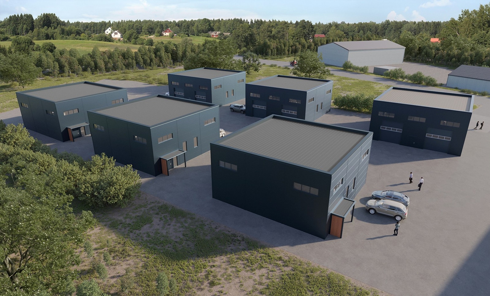 Illustrasjon av prosjektet. Prosjektert 6 stk næringsbygg på ca. 500 kvm BTA. Alle byggene vil få egen selveier tomt på ca. 750 kvm. Galleribilde