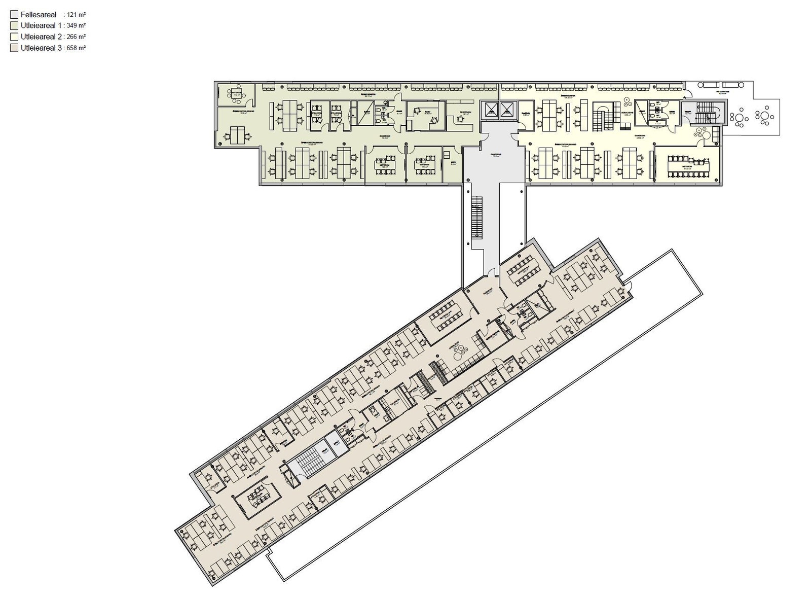 Forslag på inndeling av en etasje, her kan vi sammen finne størrelsen som passer deg og din bedrift best. Galleribilde