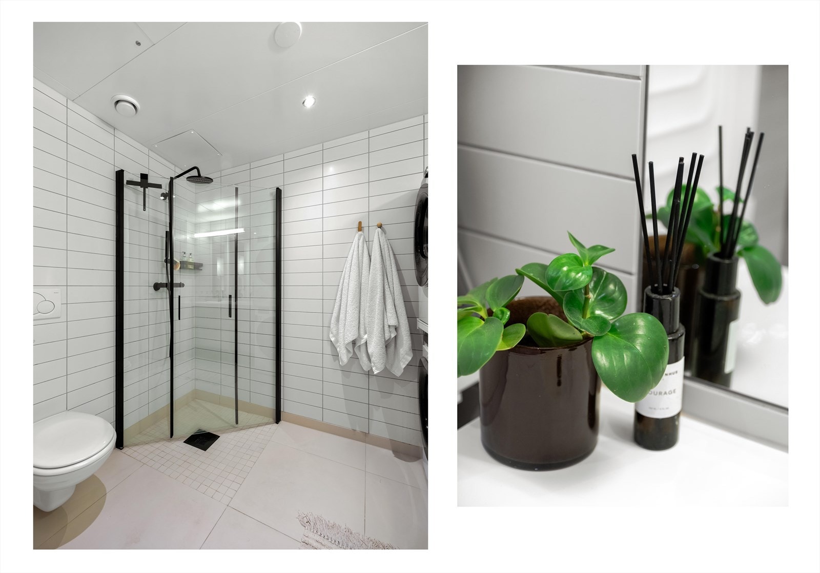 Badet har vegghengt toalett, spotlights, avtrekk i himlingen og varmekabler i gulvet for ekstra komfort. Galleribilde