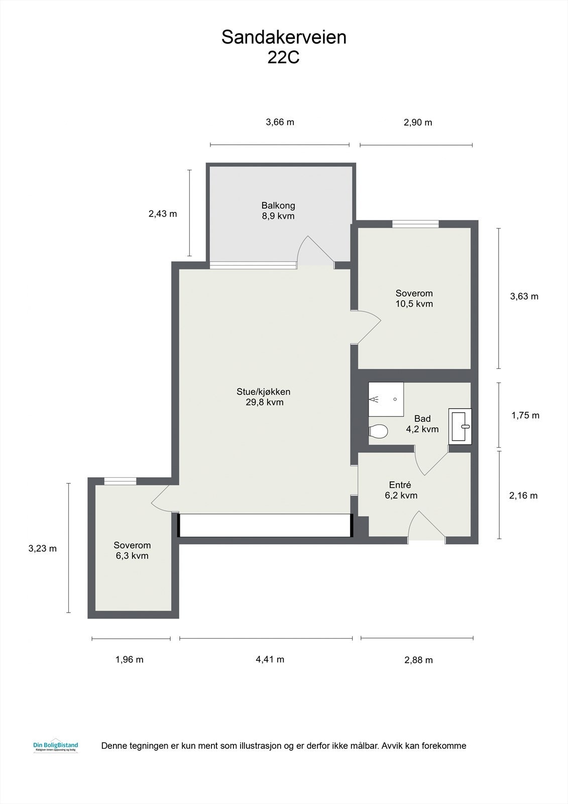 Leiligheten ligger i 4. etasje og inneholder entré, bad, 2 soverom og åpen stue- og kjøkkenløsning med utgang til balkong. I tillegg disponerer leiligheten to boder i kjeller. Galleribilde