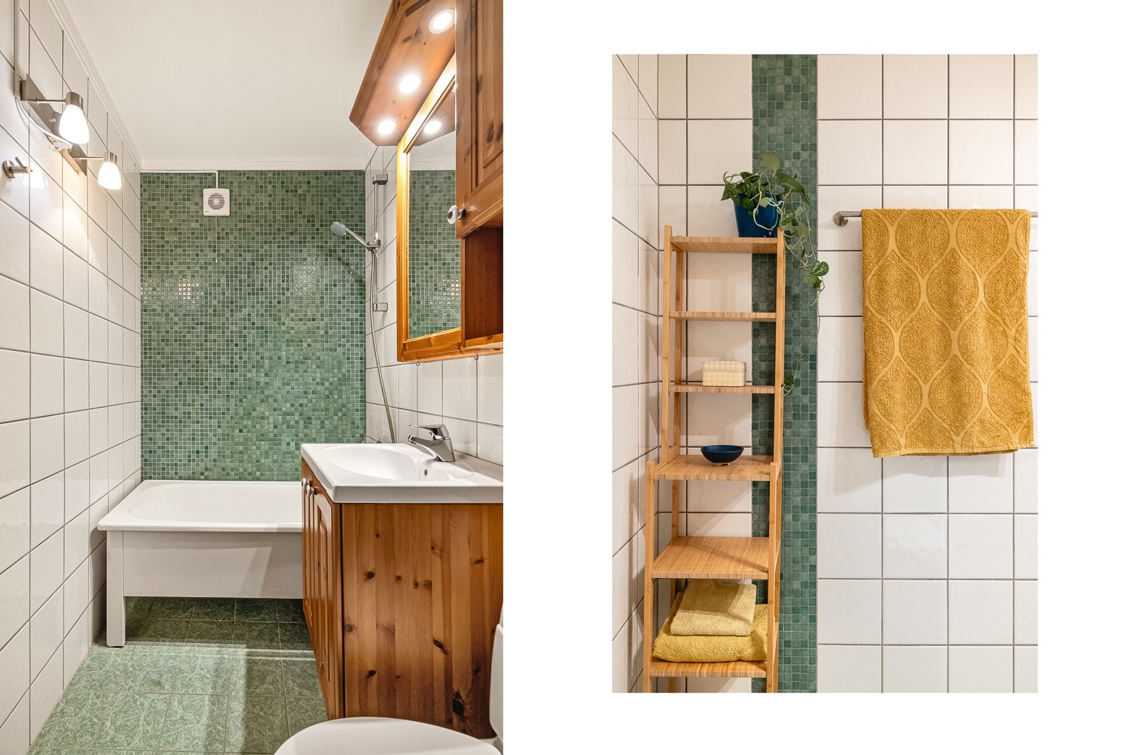 Badet er utstyrt med vask med skap, wc, badekar og mekanisk avtrekk. Galleribilde