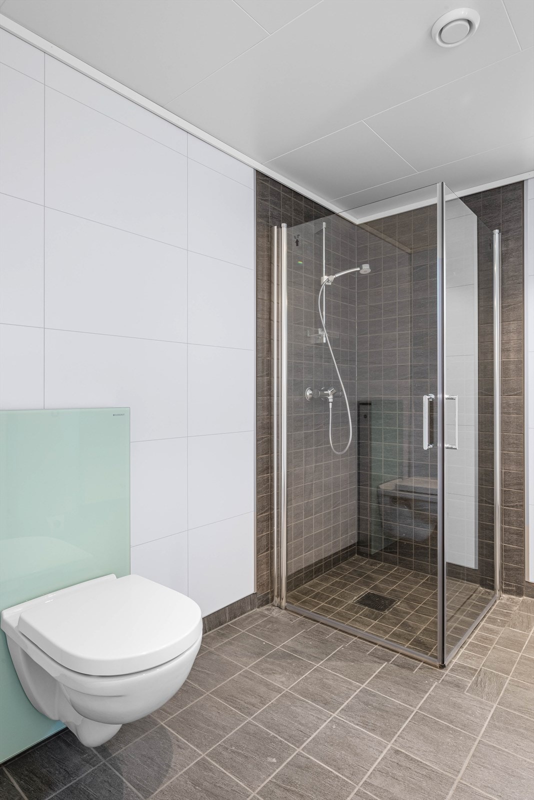 Videre finner du et lekkert dusjhjørne med sammenslåbare dusjvegger og vegghengt wc. Galleribilde