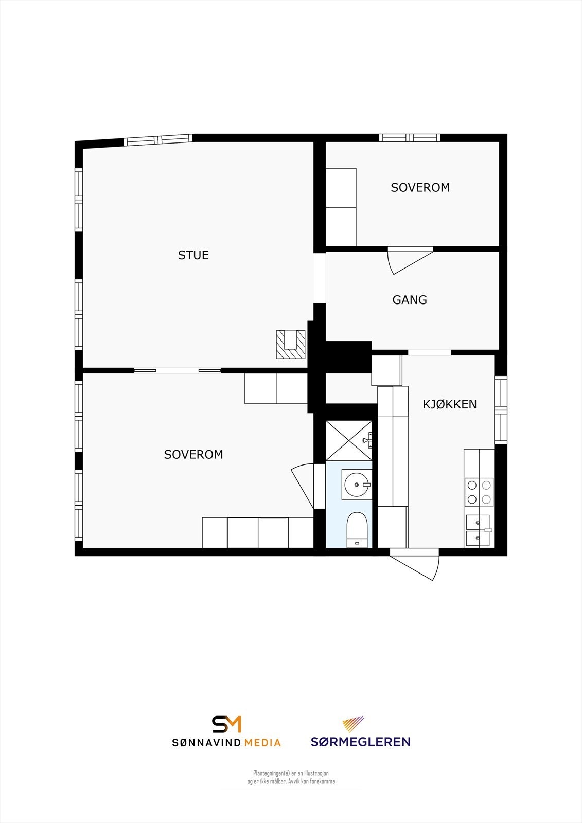 Plantegning (det finnes ikke tegninger for bygningen som kan bekrefte at soverommene er godkjente soverom. Rommene oppfyller ikke dagens krav til rømningsvei) Galleribilde