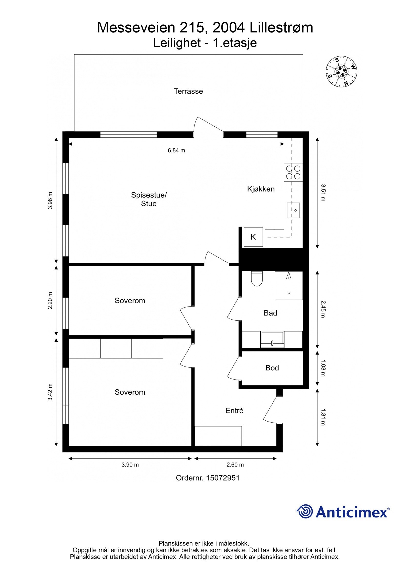 Innhold: Entré, baderom, kjøkken, spisestue/stue og 2 soverom samt innvendig bod. Galleribilde