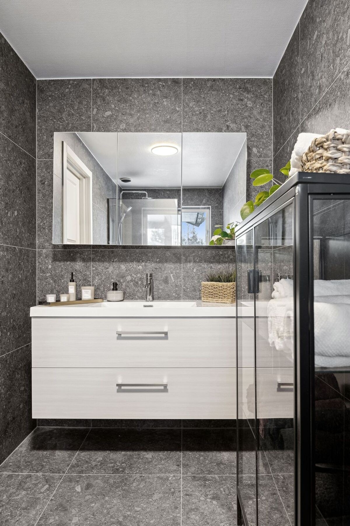 Baderommet har ny innredning, toalett og dusjhjørne med regnfallsdusj. Galleribilde