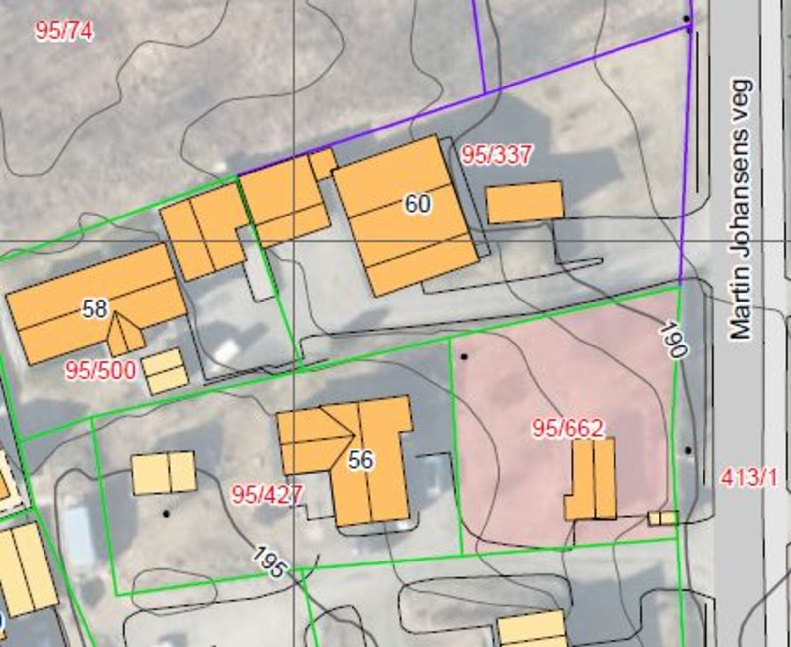 Kart over tomten. Tomten har gnr. 95 og bnr. 662. Galleribilde