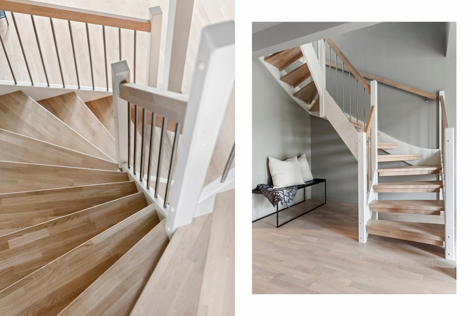 Flott trapp med eiketrinn og rekkverk i stål. Galleribilde