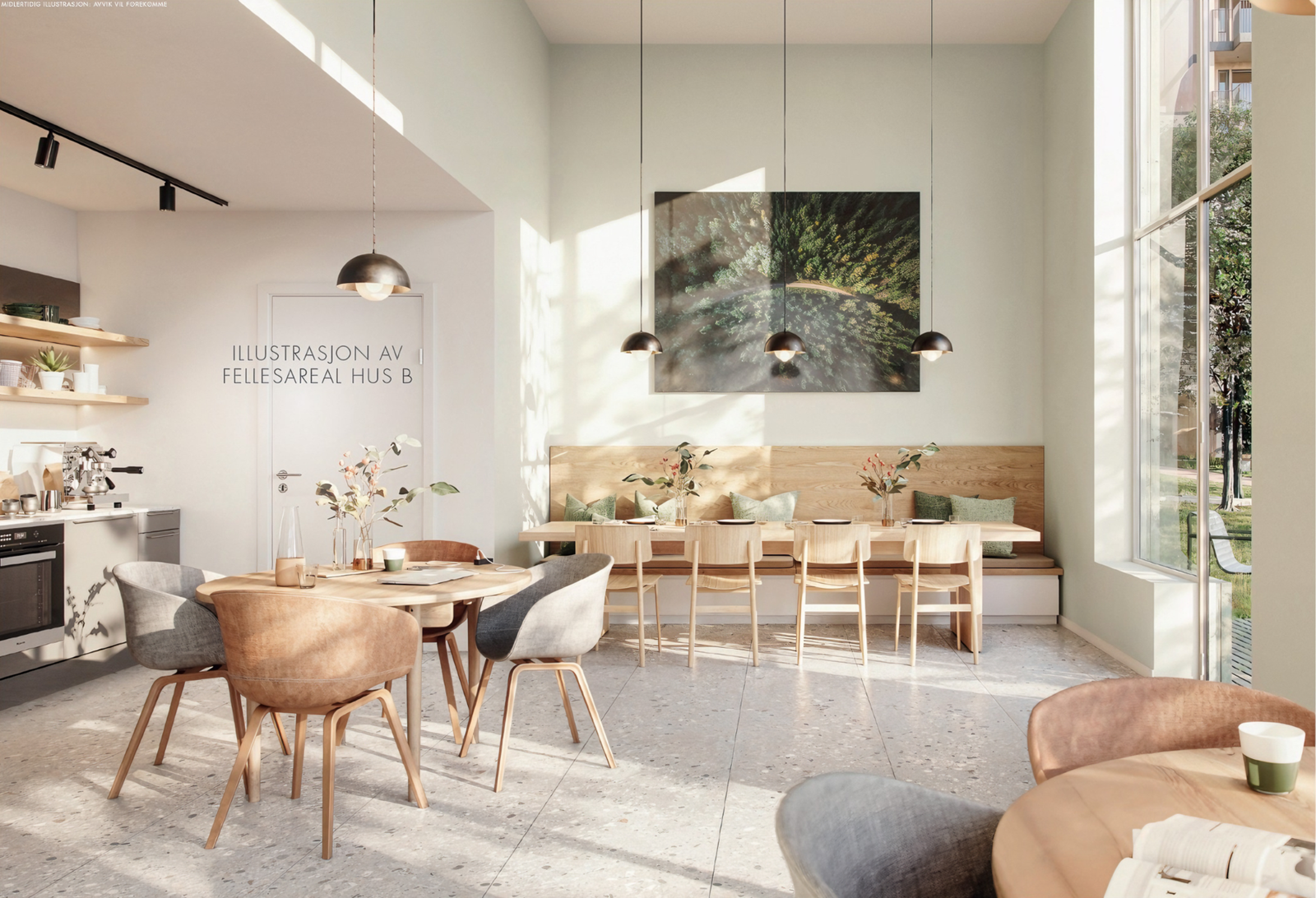 I hus B er det planlagt et praktisk fellesområde med møterom, sosial sone og selskapsrom med kjøkken. Arealene tilrettelegger for godt og aktivt naboskap, og kan leies for private arrangement. I tillegg planlegges det to gjesterom, som beboerne kan leie n Galleribilde